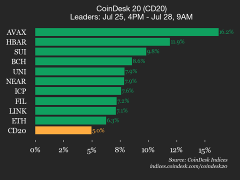 CoinDesk 20 Performance Update: Avalanche (AVAX) Surges 16.2% as All Assets Rise