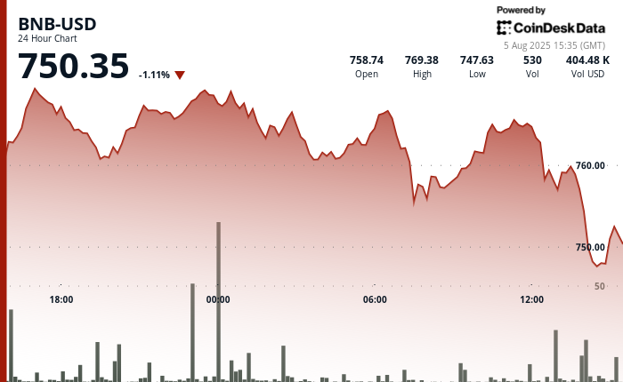 BNB Price Falls Below $750 as Crypto Market Sell-Off Erases Corporate-Fueled Optimism