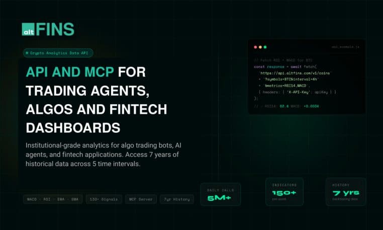 AltFINS launches crypto analytics data API and MCP for algo trading, AI agents, and trading signals